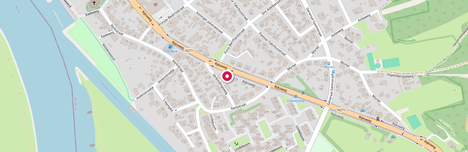 Kaart van Mook met het pand van Autobedrijf Thijssen aan de Rijksweg aangegeven
